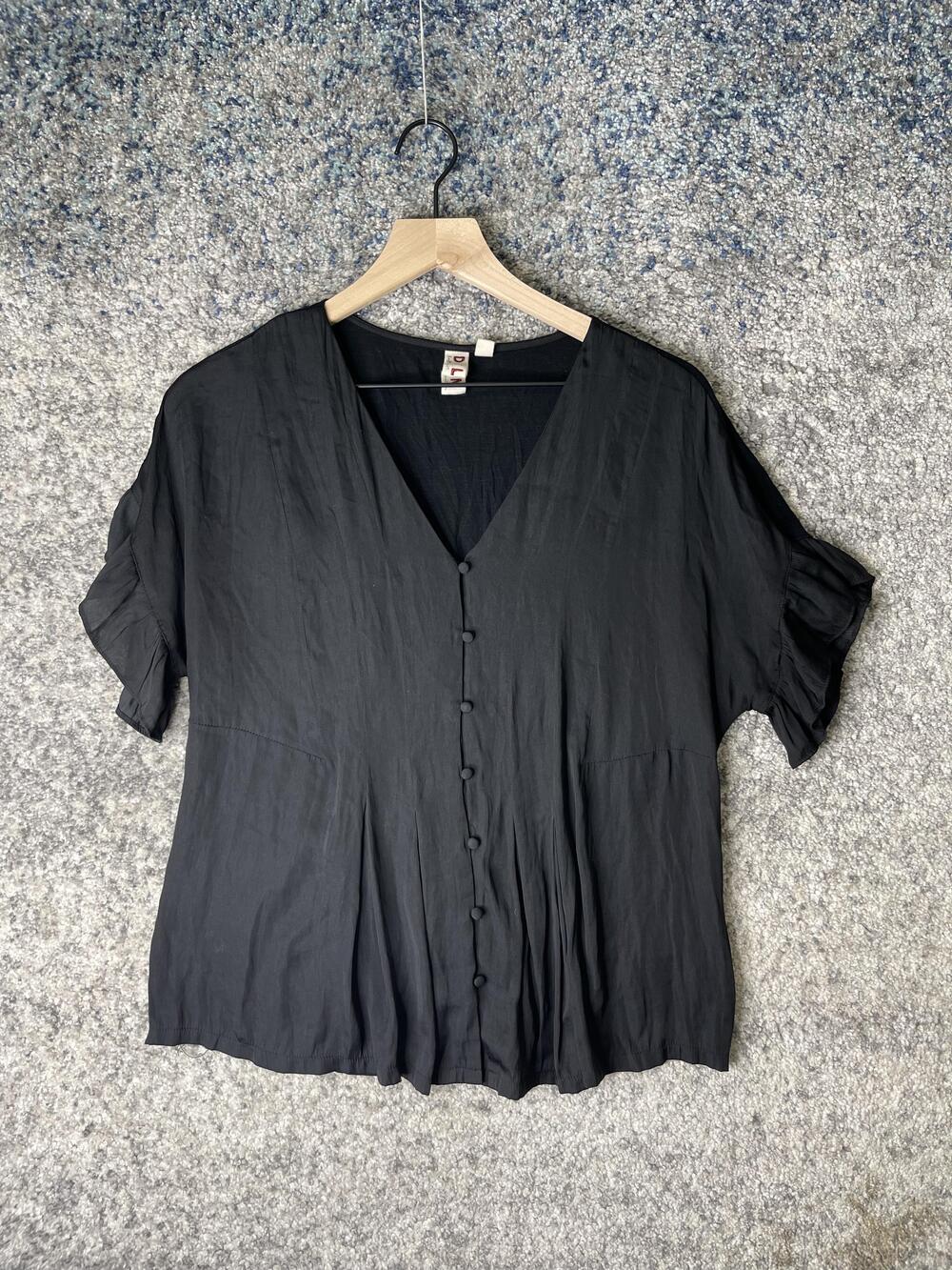 Dolan Shirt Womens Medium Black V Neck Button Front Ruffle Sleeve Mixed Media